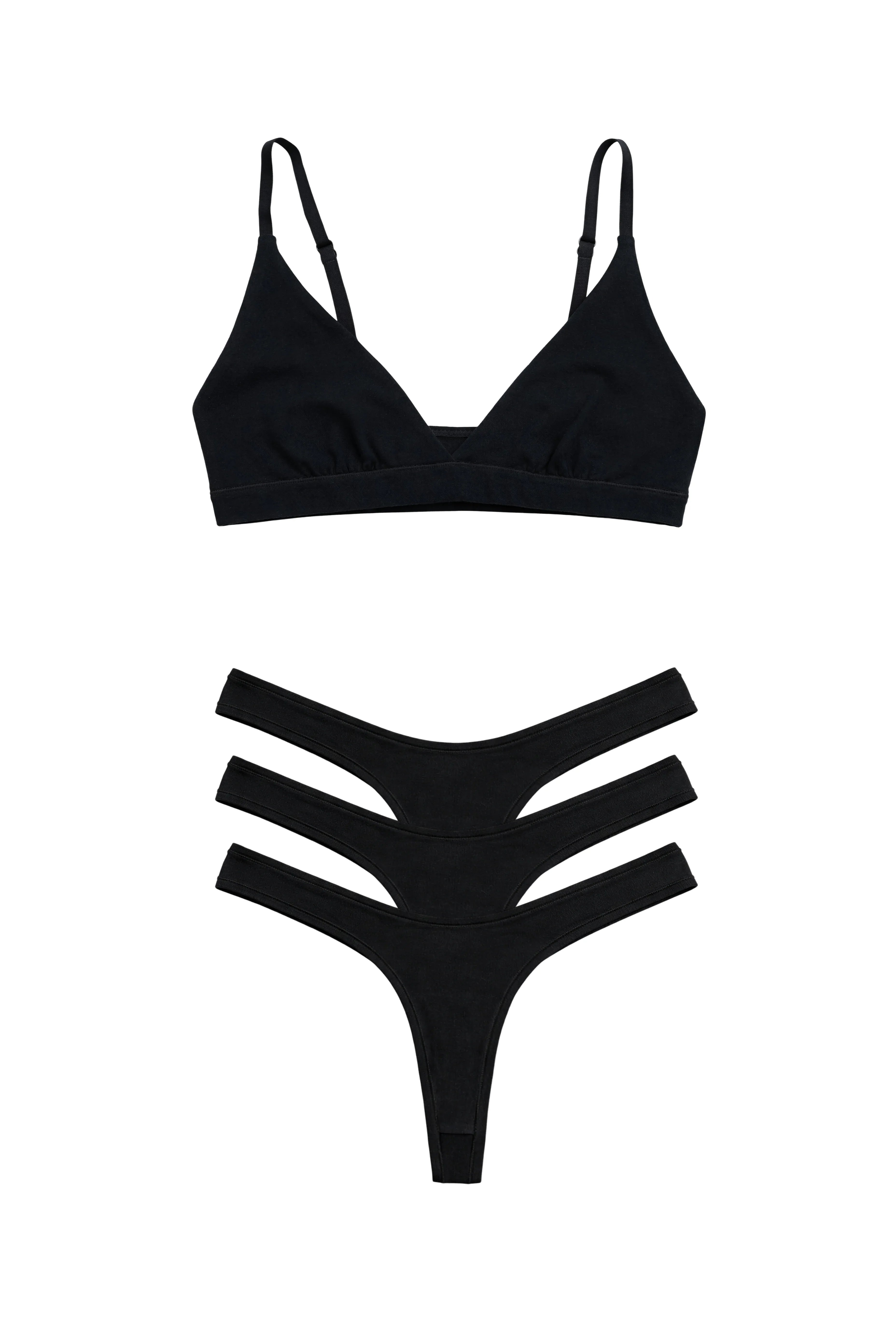 After Hours Cotton Triangle Bra & 3 G-Strings Set Black - epoché
