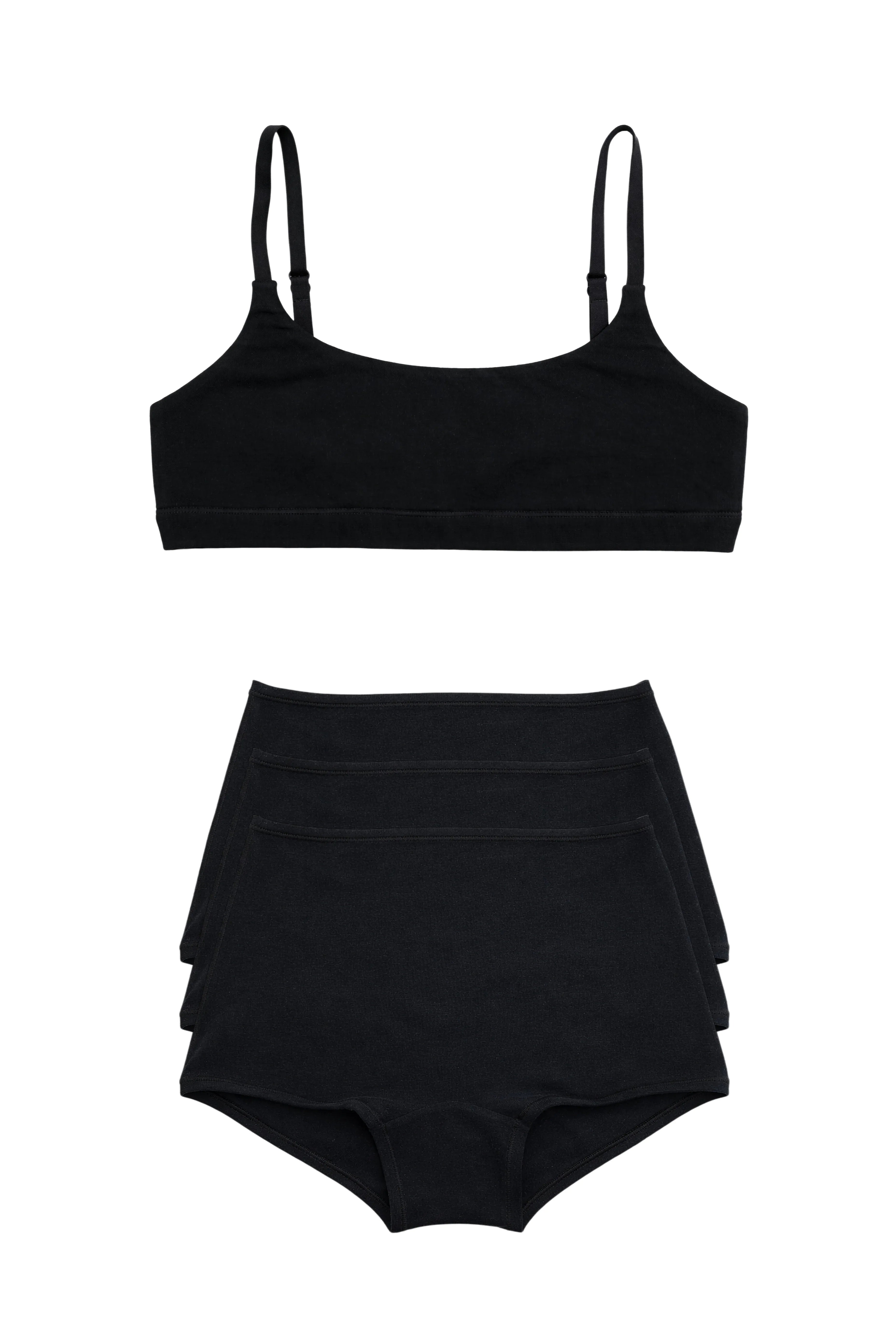 Slow Morning Cotton Bra & 3 Shorts Set Black - epoché