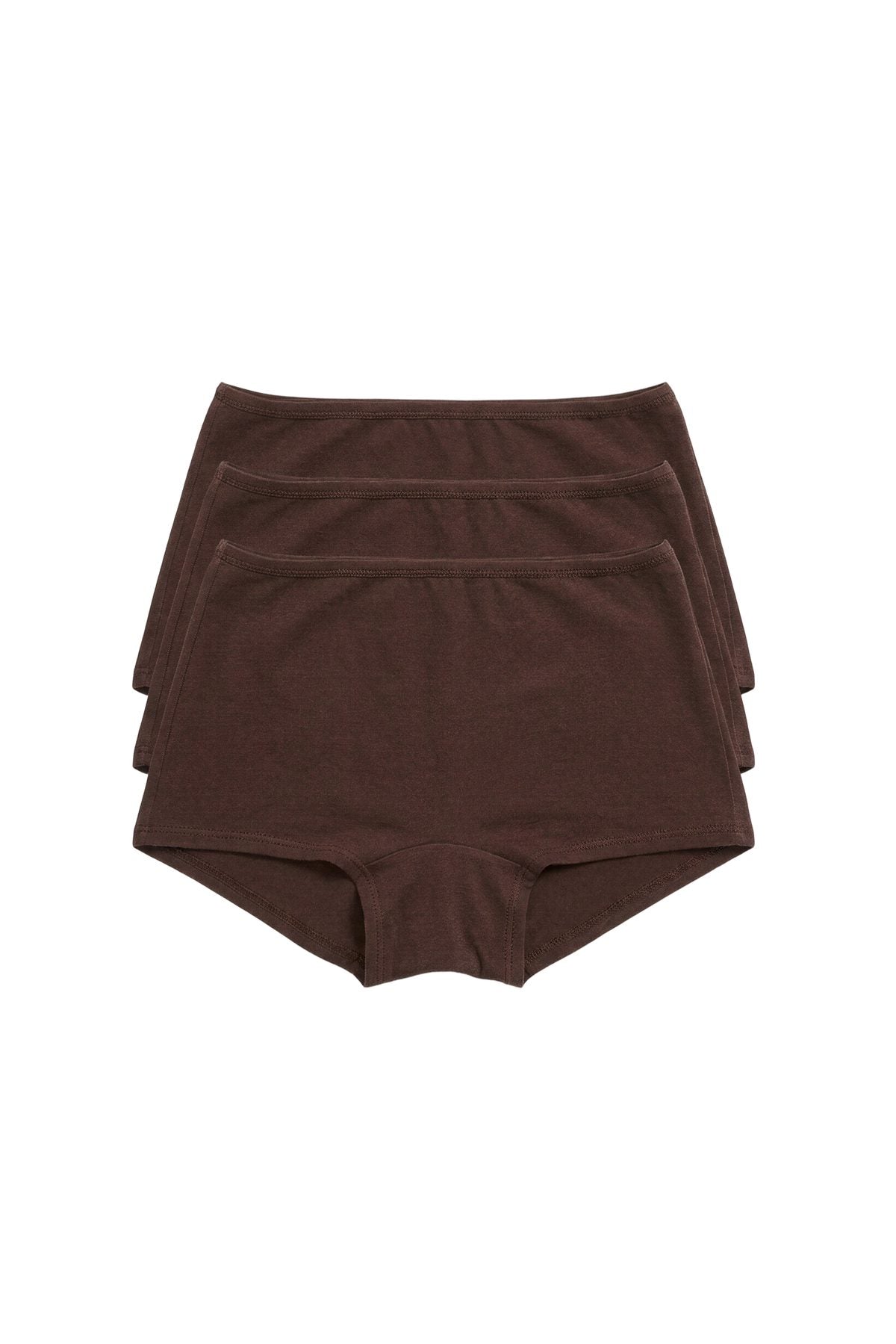 3-Shorts Slow Morning Set in Chocolate, three shorts stacked in flat lay