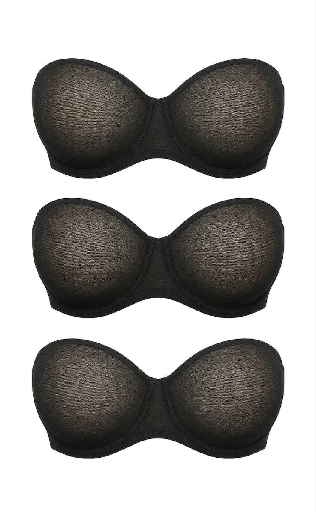 3-Bra Bundle Wired Bandeau Bra in Black, three bras stacked in flat lay