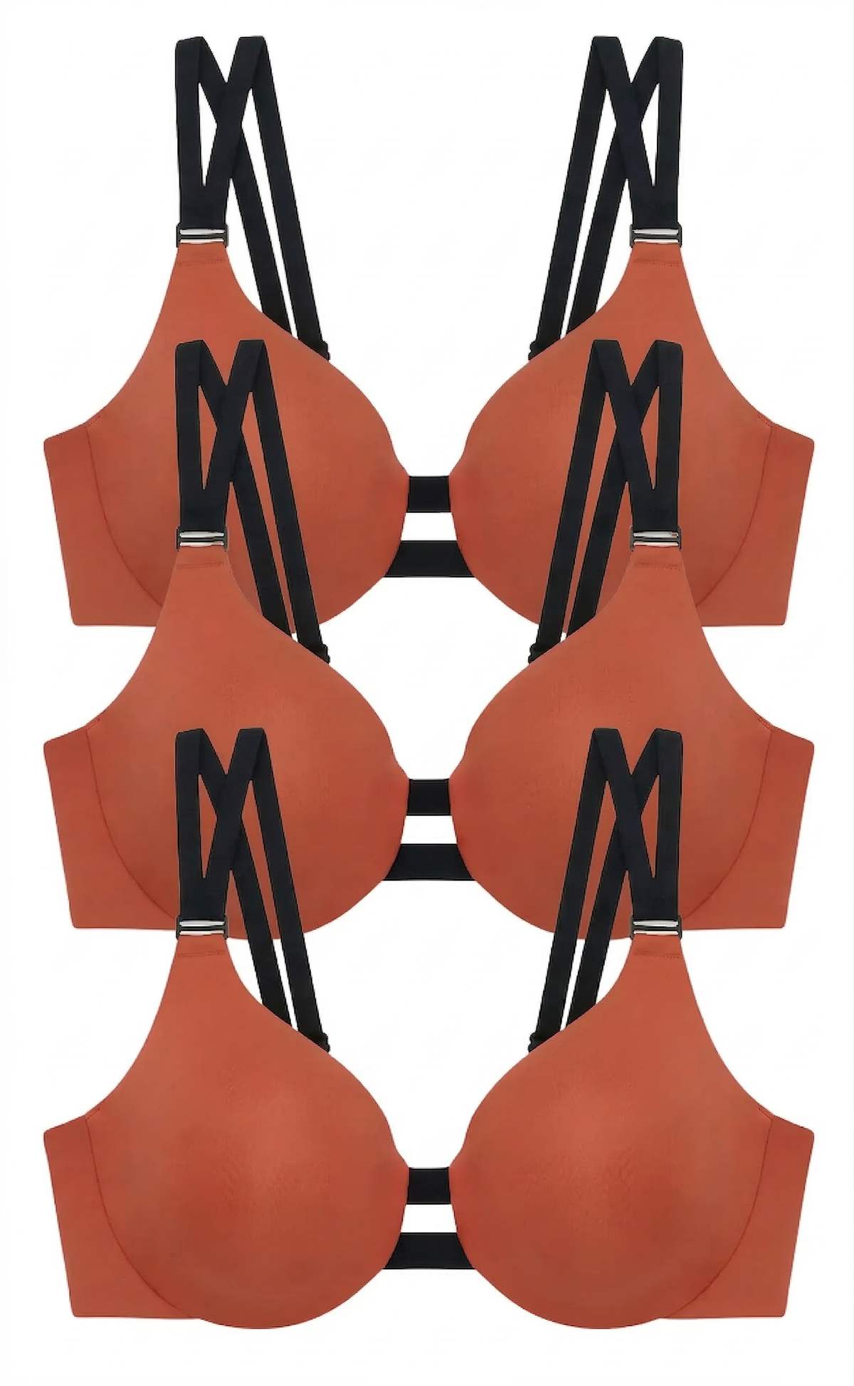 3-Bra Bundle Minimizer Bra in Terracotta, three bras stacked in flat lay